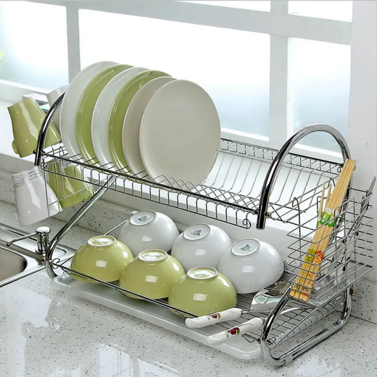 7670 Kitchen Dish Cup Drying Rack 2 Tier Drainer Dryer Tray Cutlery Holder Organizer 59cm