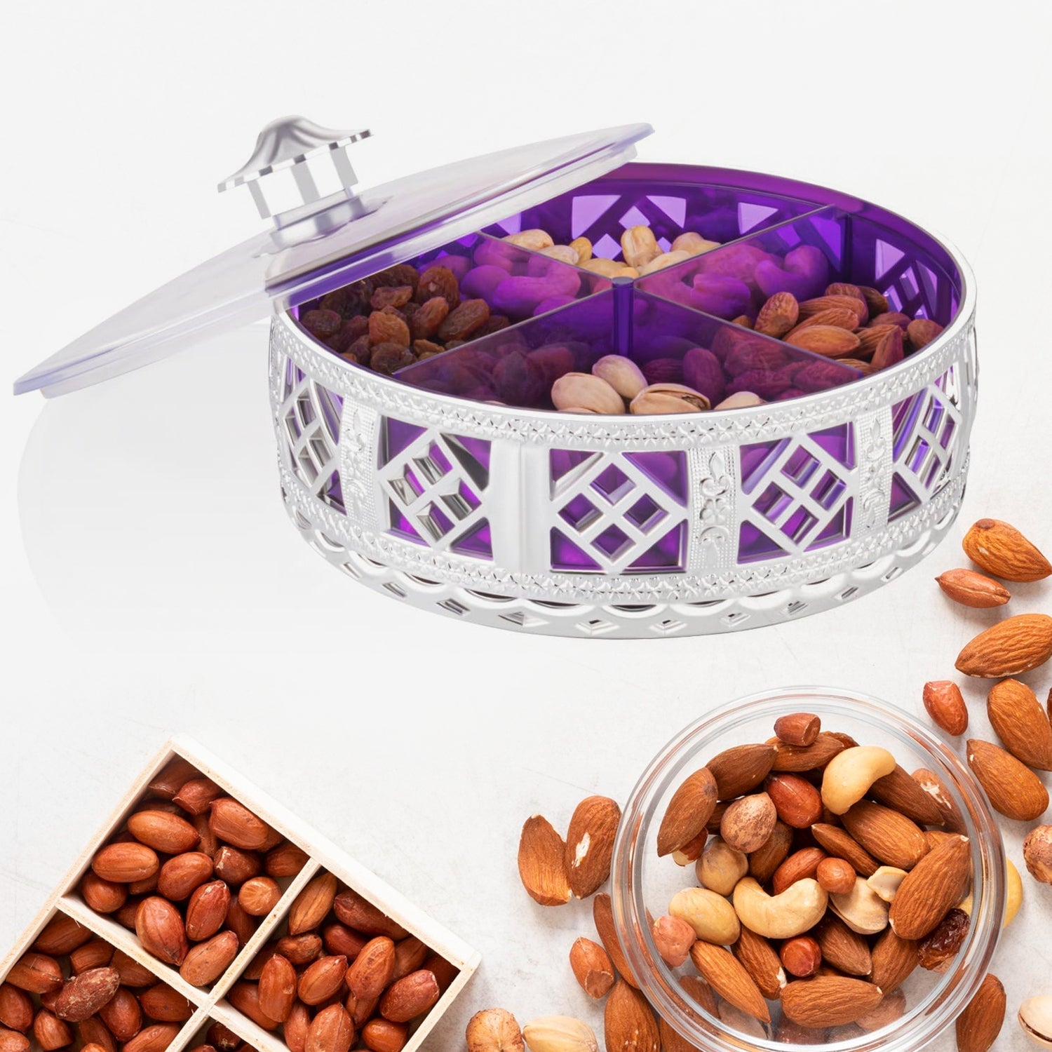 4-Compartment Round Silver Box for Dry Fruits