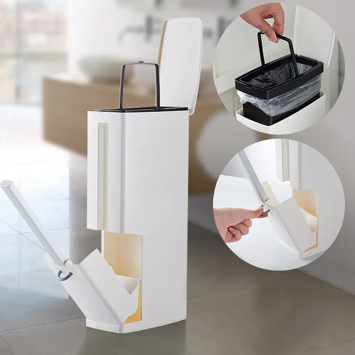7689 Slim Plastic Trash Can Toilet Bowl Brush Small Garbage Can with Lid Toilet Brush with Holder Set for Bathroom 
