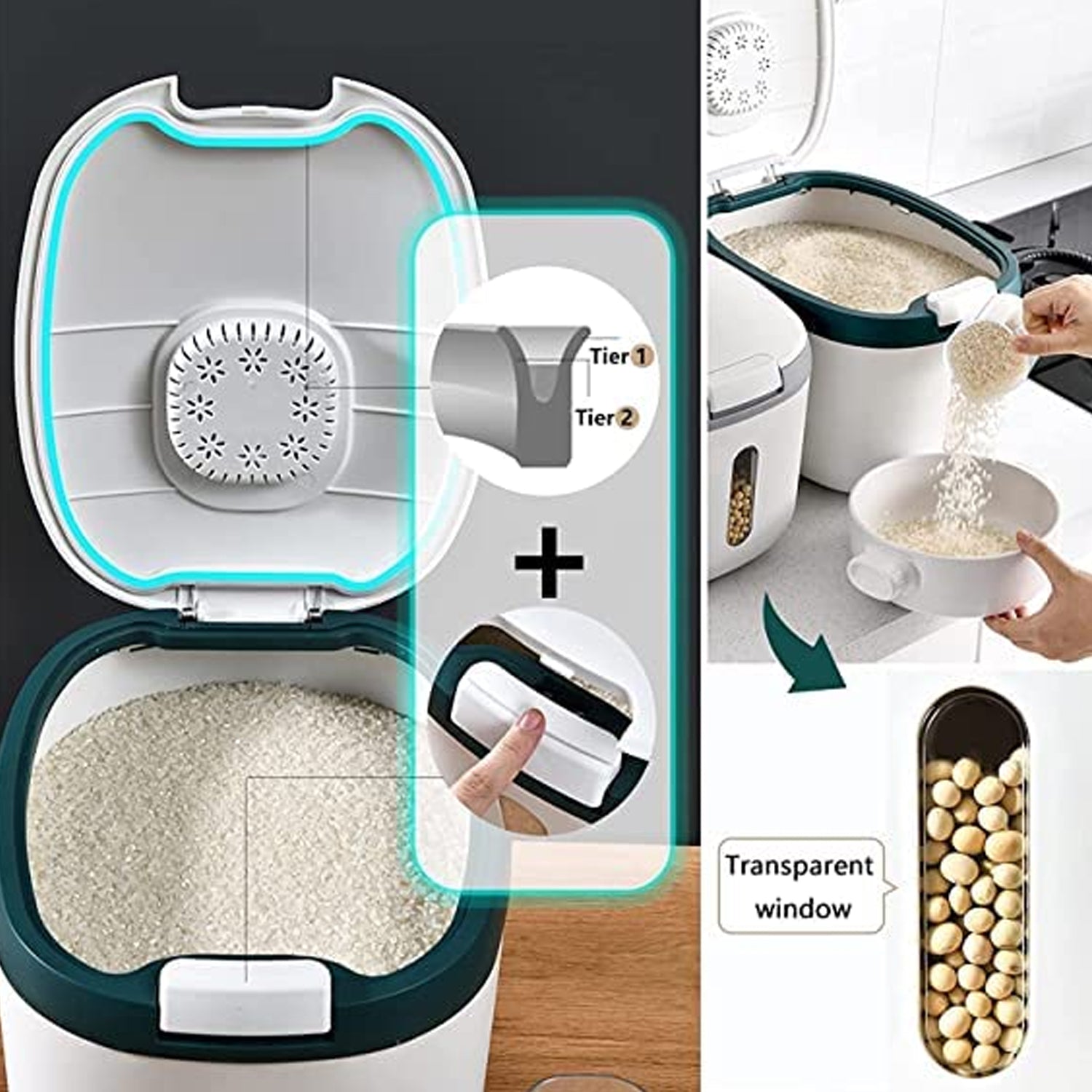 5285 Rice Storage Containers, Airtight Storage Box With Pouring Cups, Sealed Rice Bucket, Household Storage Box For home & Kitchen Use 