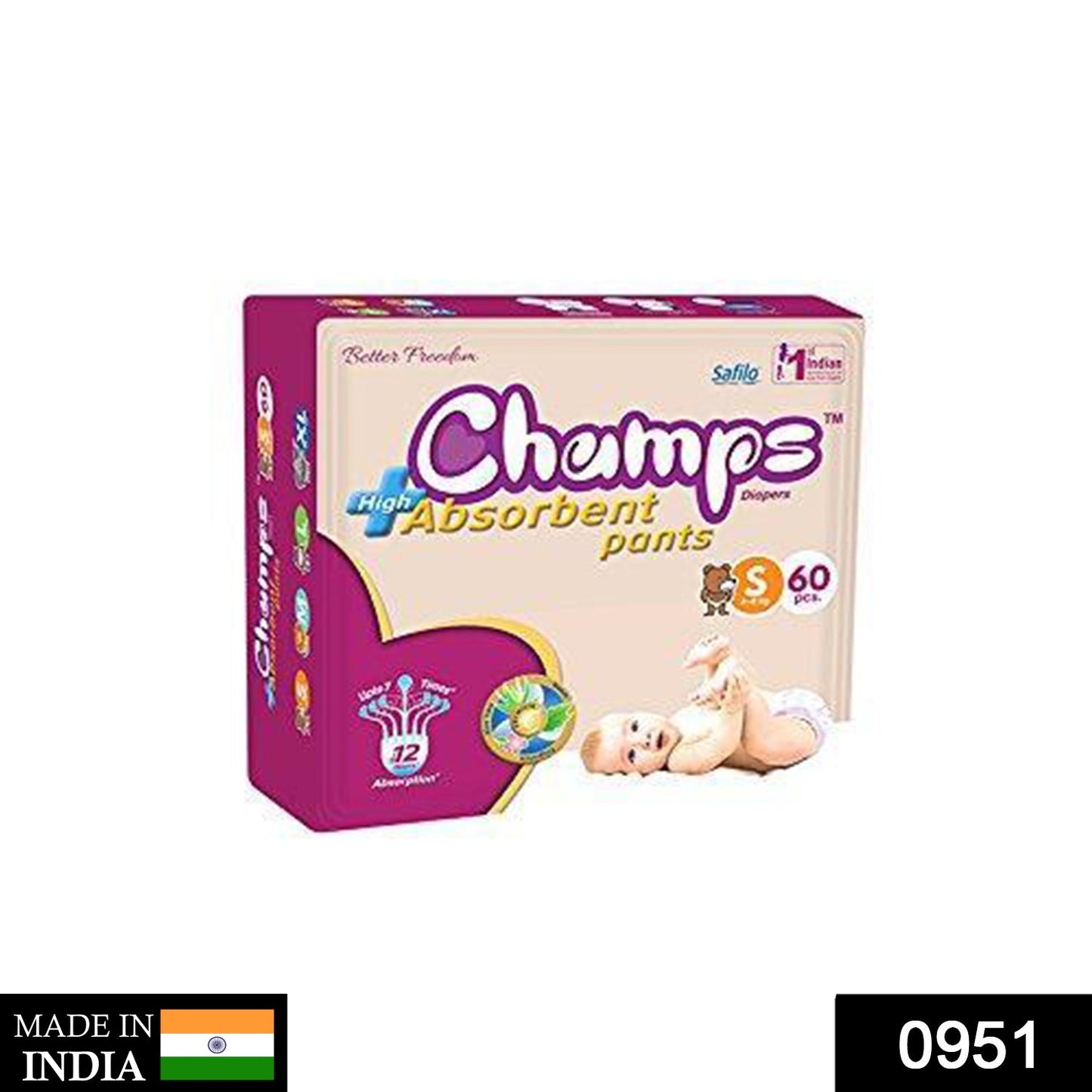 951 Premium Champs High Absorbent Pant Style Diaper Small Size, 60 Pieces (951_Small_60) Champs